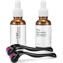 4-in-1 Derma Roller Kit – 2-Pack 0.5mm/1.5mm Needles with Hyaluronic Acid & Vitamin C Serums – 540 Titanium Microneedle System