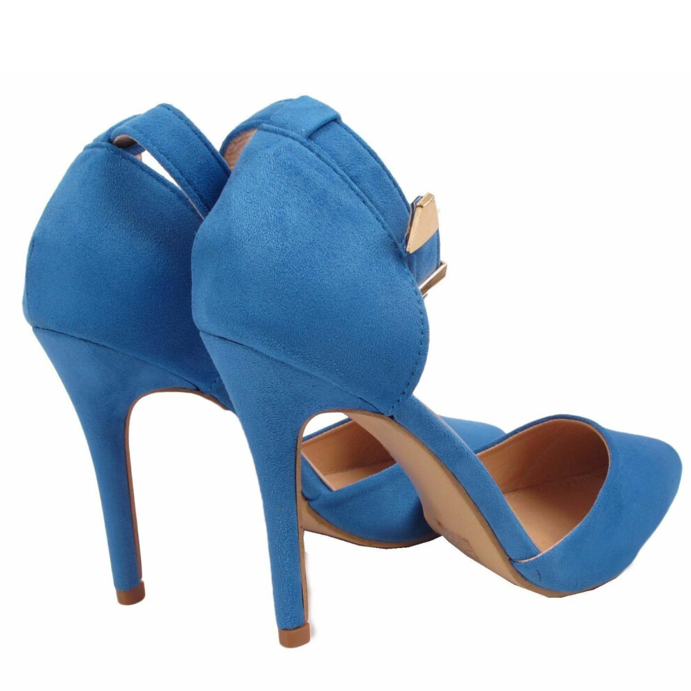 (Cobalt Blue Suede, UK 3) Womens Ladies High Heel Pointy Toe Stiletto Sandals Ankle Strap Court Shoes 3-8