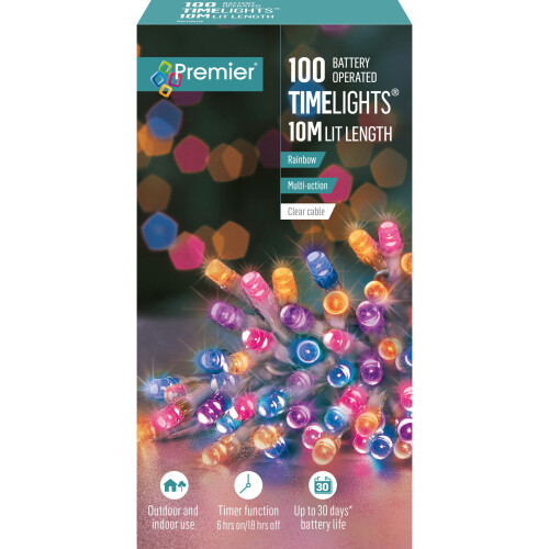 Premier Decorations Battery Power Indoor/Outdoor Timer Function 100 LED Rainbow Lights