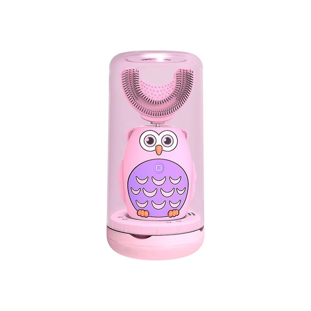 (Pink) Kids Electric Toothbrush Smart Timer Ultrasonic 2 In 1 U-shaped Brush Head And Tongue Brush