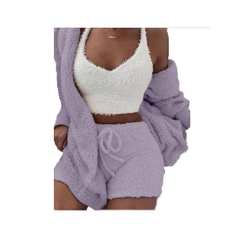 (Purple, M) 3pcs Plush Pajamas Set Women Plush Vest Coat Shorts Casual Loungewear Set