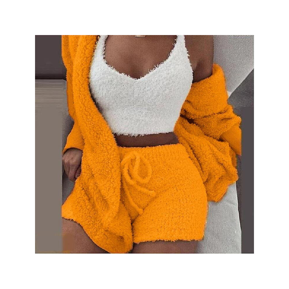 (Orange, M) 3pcs Plush Pajamas Set Women Plush Vest Coat Shorts Casual Loungewear Set