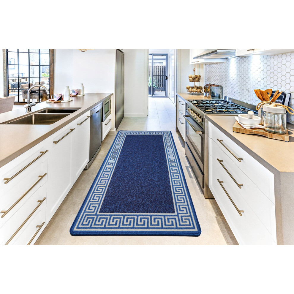 (67 x 120cm (2 ft 2" x 3 ft 9")) Machine Washable Non Slip Greekey Gel Back Door Entrance Mats-Blue Cream