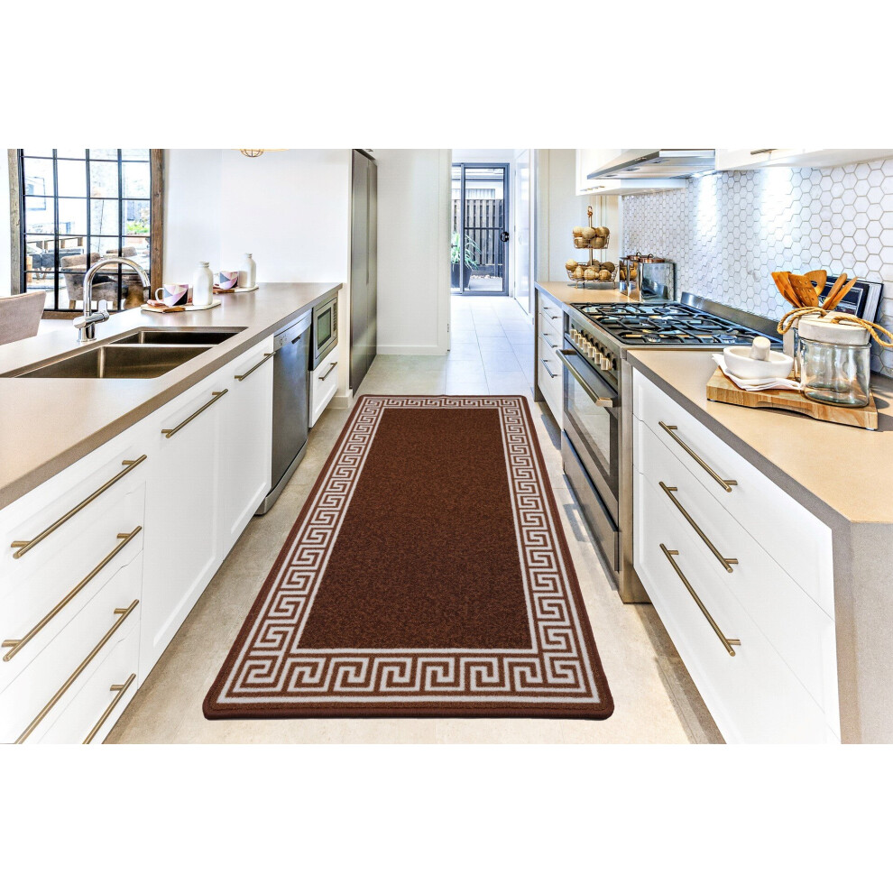 (80 x 300cm (2 ft 6"x 10 ft)) Machine Washable Non Slip Greekey Gel Back Door Entrance Mats-Brown Cream-image-OPC-P9N8XDM-NEW