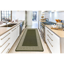 (67 x 220cm (2 ft 2" x 7 ft 2")) Machine Washable Non Slip Greekey Gel Back Door Entrance Mats-Green Cream