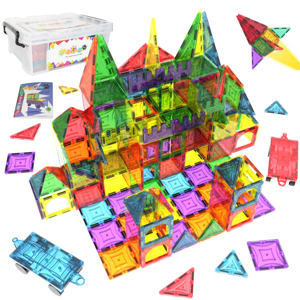 Mag-Genius 108 Piece Magnetic Building Blocks Multi Colored Building Tiles With 13 Bonus Click in Pieces and Free Storage Bin