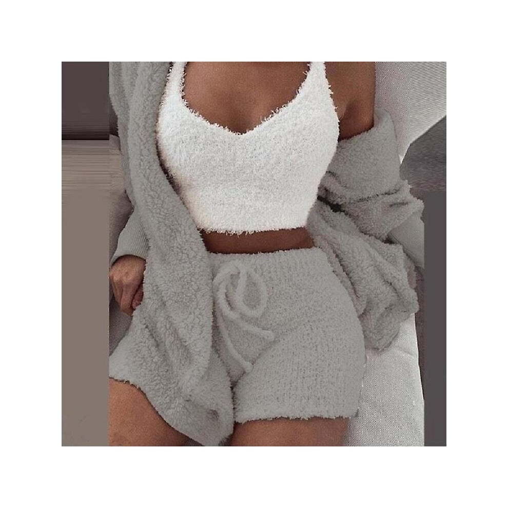 (Grey, 3XL) 3pcs Plush Pajamas Set Women Plush Vest Coat Shorts Casual Loungewear Set
