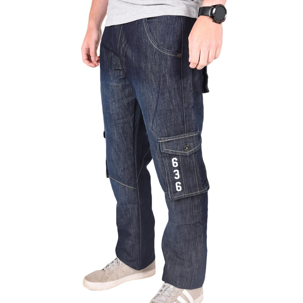 (Black Wash, 36W x 32L) Mens Combat Jeans Cargo Denim Trousers Work Pants