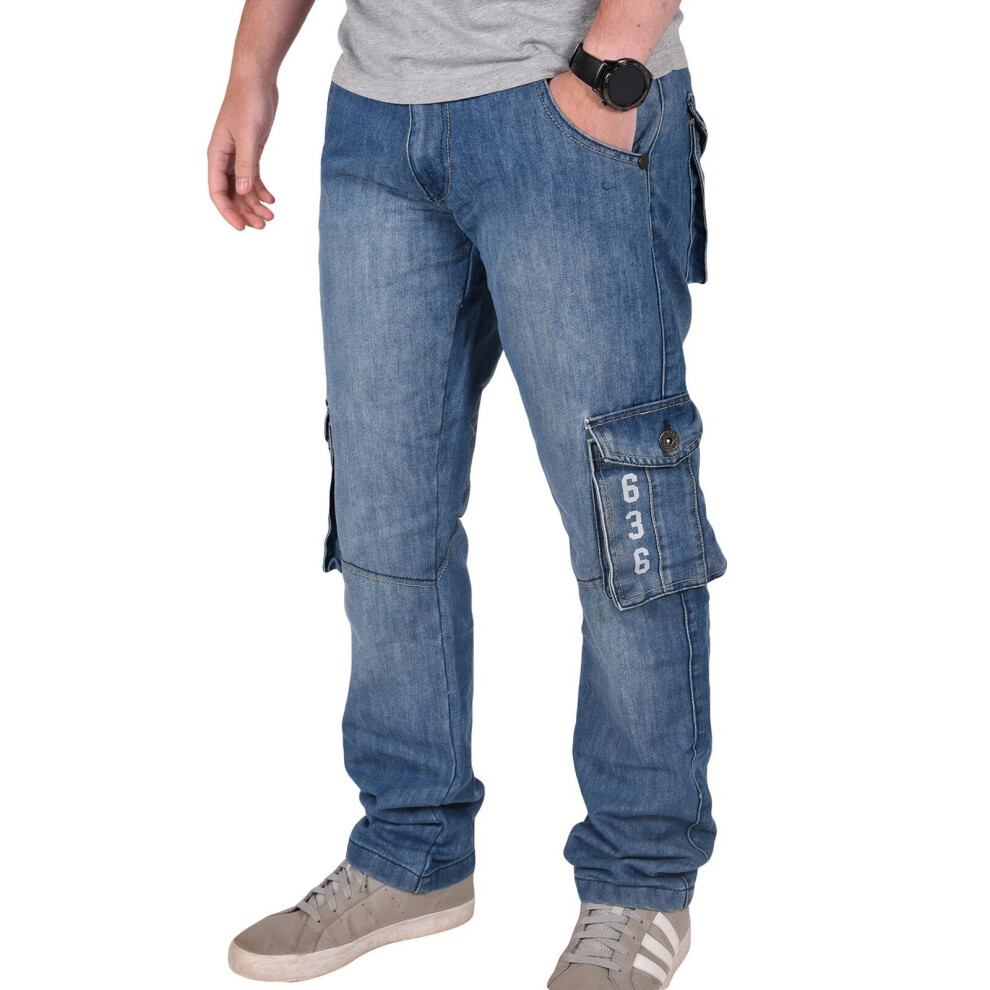True Face (Dark Wash, 36W X 32L) Mens Combat Jeans Cargo Denim Trousers Work Pants Blue