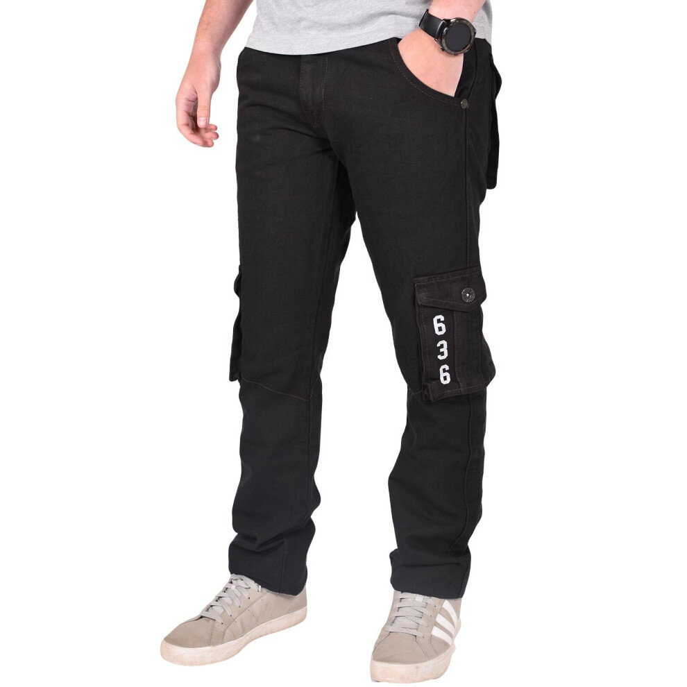 (Jet Black, 30W x 32L) Mens Combat Jeans Cargo Denim Trousers Work Pants