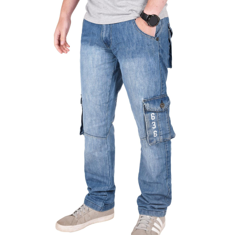 True Face (Stone Wash, 38W X 32L) Mens Combat Jeans Cargo Denim Trousers Work Pants Blue