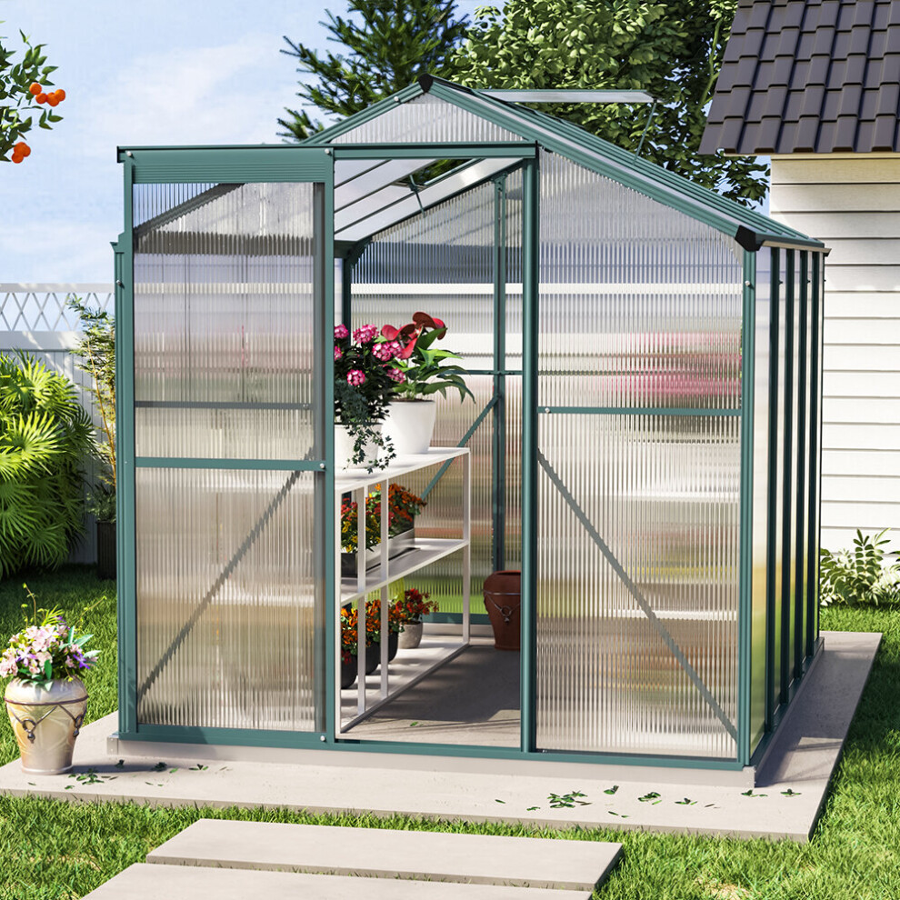 (8x6ft with Base) Greenhouse Aluminium Polycarbonate Garden Green Plant Housing