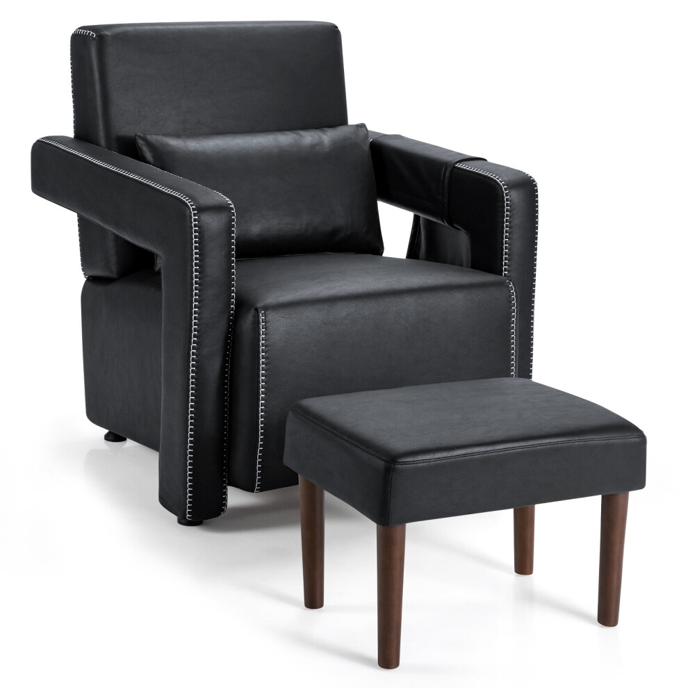 Costway Leathaire Armchair Single Sofa & Footstool Set W/ Waist Pillow