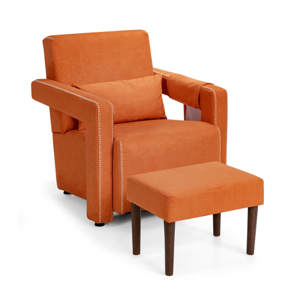 Suede Fabric Armchair Single Sofa & Footstool Set w/ Waist Pillow