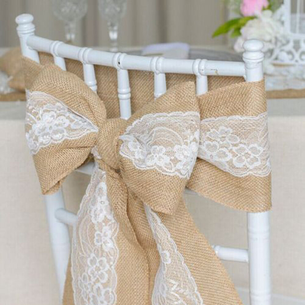 (Jute & Lace, 100PCS) 17 x 240cm Hessian Jute Chair Sash Lace Wedding Party Decor