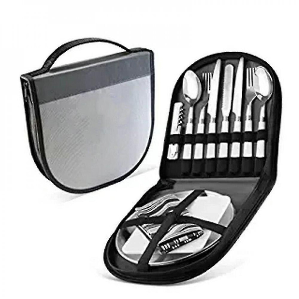 (Black) 12pcs Camping Flatware Set Picnic Cutlery Organizer Stainless Steel Food Utensil Kit