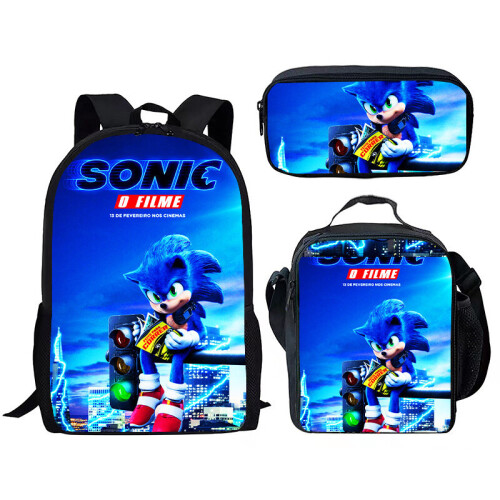 (4) Sonic 3 Piece School Bag Lunch Bag Pencil Case Kids Set