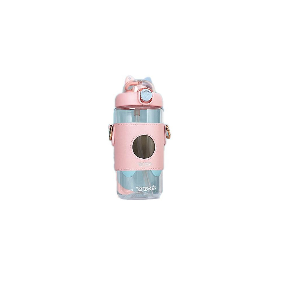 (Pink) Tritan Kids Water Bottle With Removable Strap Cartoon Sippy Cups With Straw