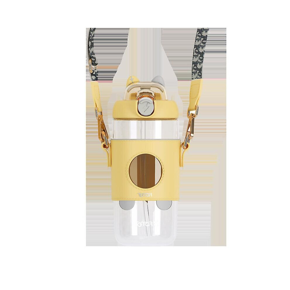 (Yellow) Tritan Kids Water Bottle With Removable Strap Cartoon Sippy Cups With Straw