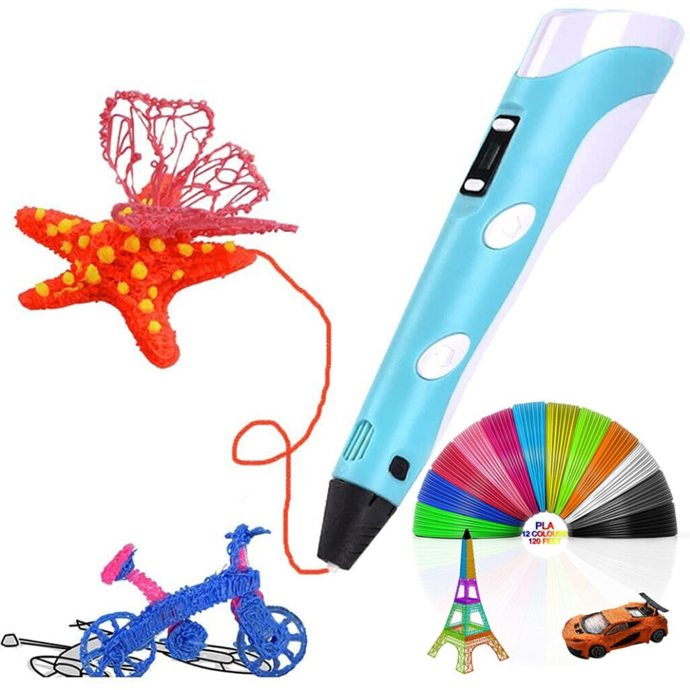 (Blue) 3D Print Pen Drawing Pen+LCD Screen+PLA Filaments