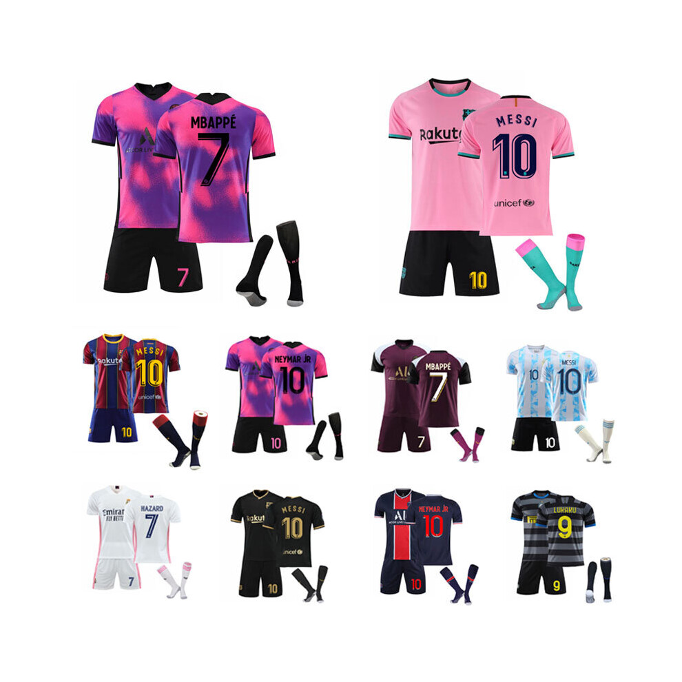 (Pink Mbappe 7, 24 (130-140)) Adults Kids Football Kits Soccer Jersey Home Away Training T-shirt Suit 21/22 