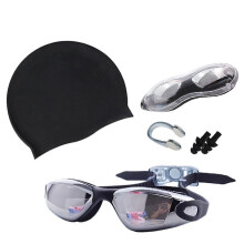 (Black) Swimming Cap And Swim Goggles Set Anti Fog Anti Uv Mirrored Swimming Kits