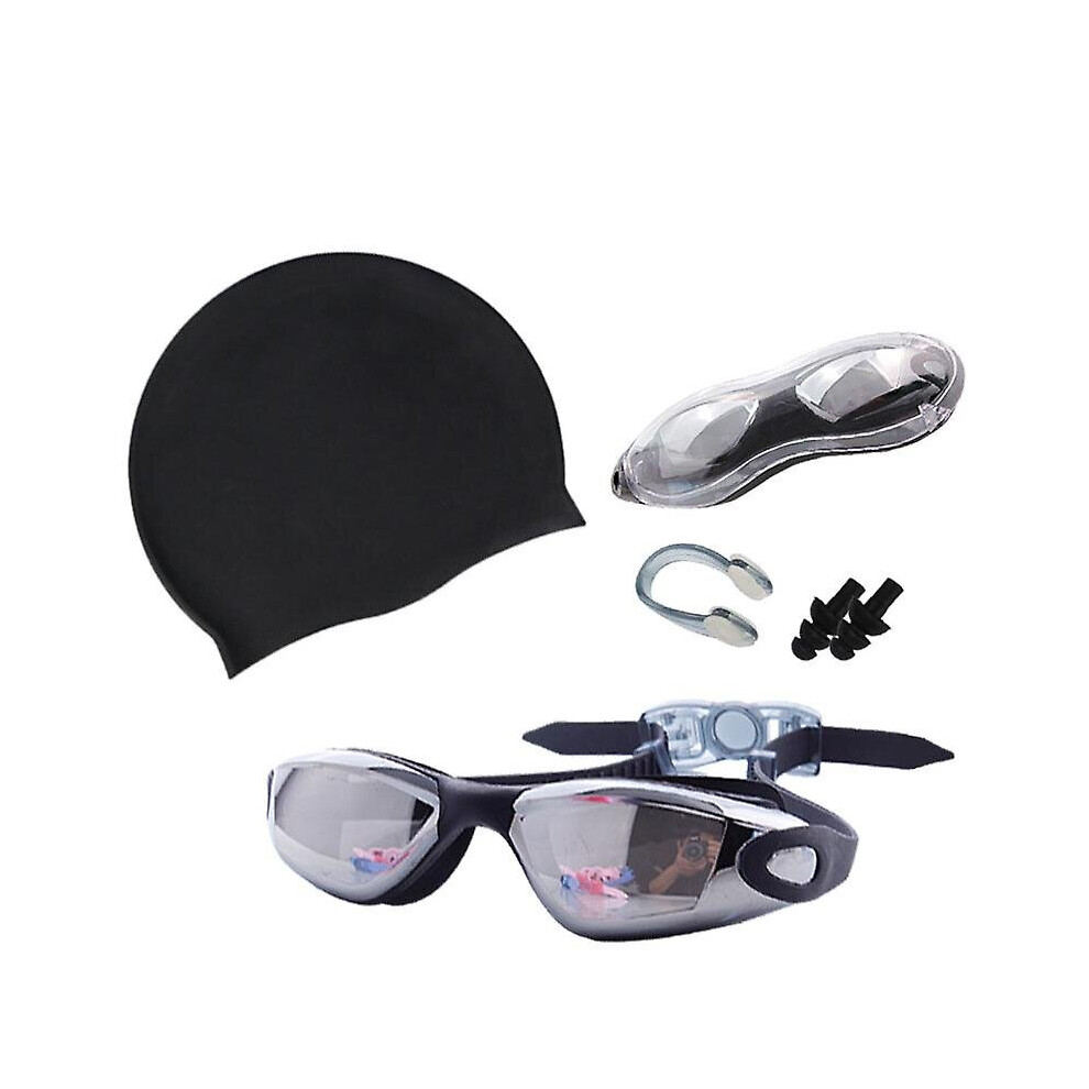 (Black) Swimming Cap And Swim Goggles Set Anti Fog Anti Uv Mirrored Swimming Kits