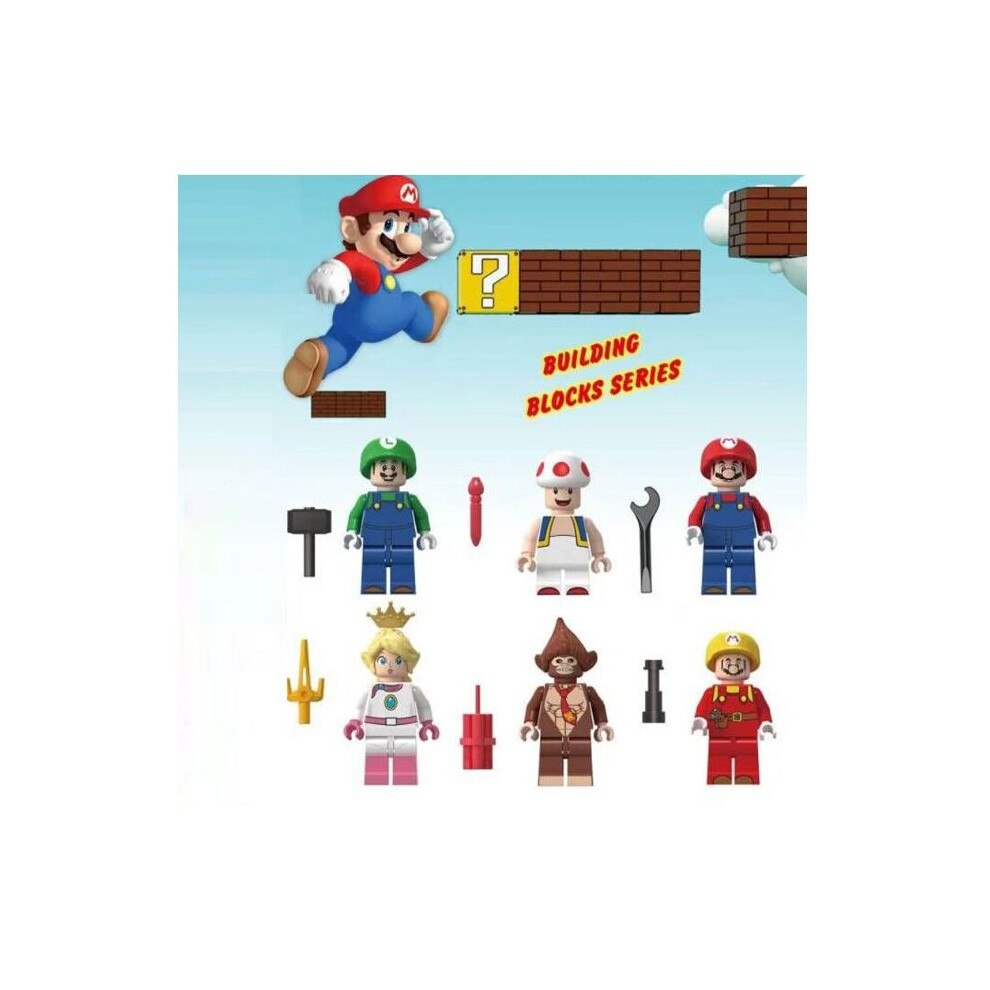 6PCS Super Mario Luigi Peach Princess Mushroom Mini Figures Building Blocks Characters Fits Lego