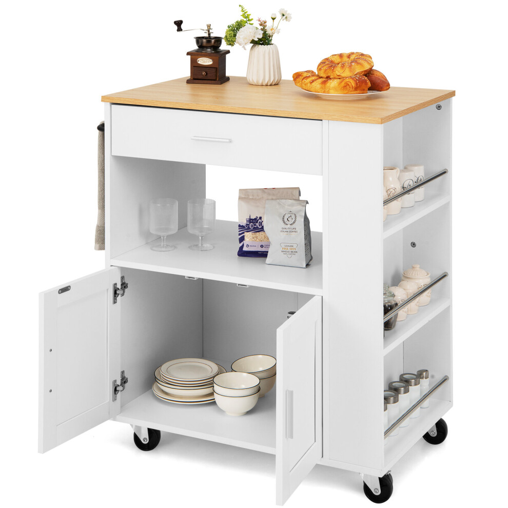 Rolling Kitchen Serving Trolley w/3 Spice Racks & 2-Door Large Cabinet