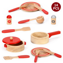 SOKA 14 PC Wooden Kitchen Red Cooking Set Pretend Role Play Set Kids