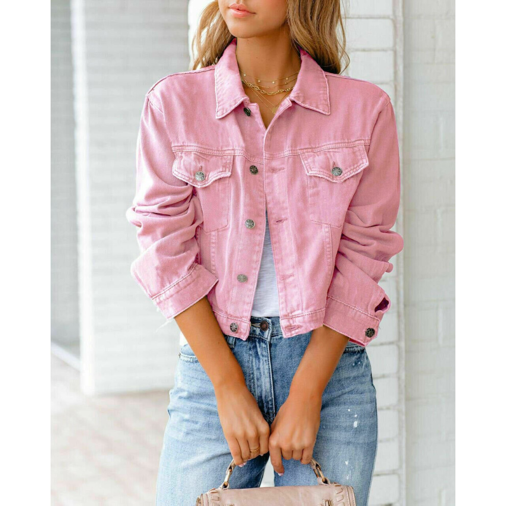 (Pink, 2XL) Womens Denim Jacket Stretch Button Jackets Coat