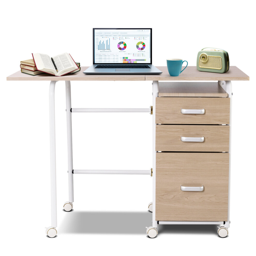 Folding Computer Desk Wheeled PC Laptop Table Writing Workstation-Natural - Image 6