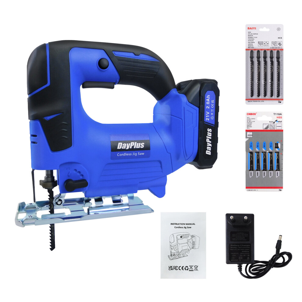 Cordless Jigsaw for Home 21V 2.0Ah Battery Power Saw 2600SPM  with 10 Blades