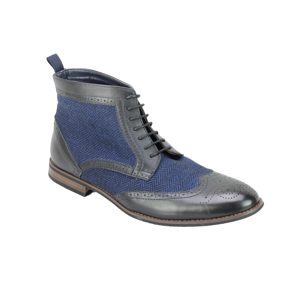 (42, Navy Blue) Mens Faux Leather Tweed Classic Oxford Brogue Boots Formal Vintage Lace up Shoes