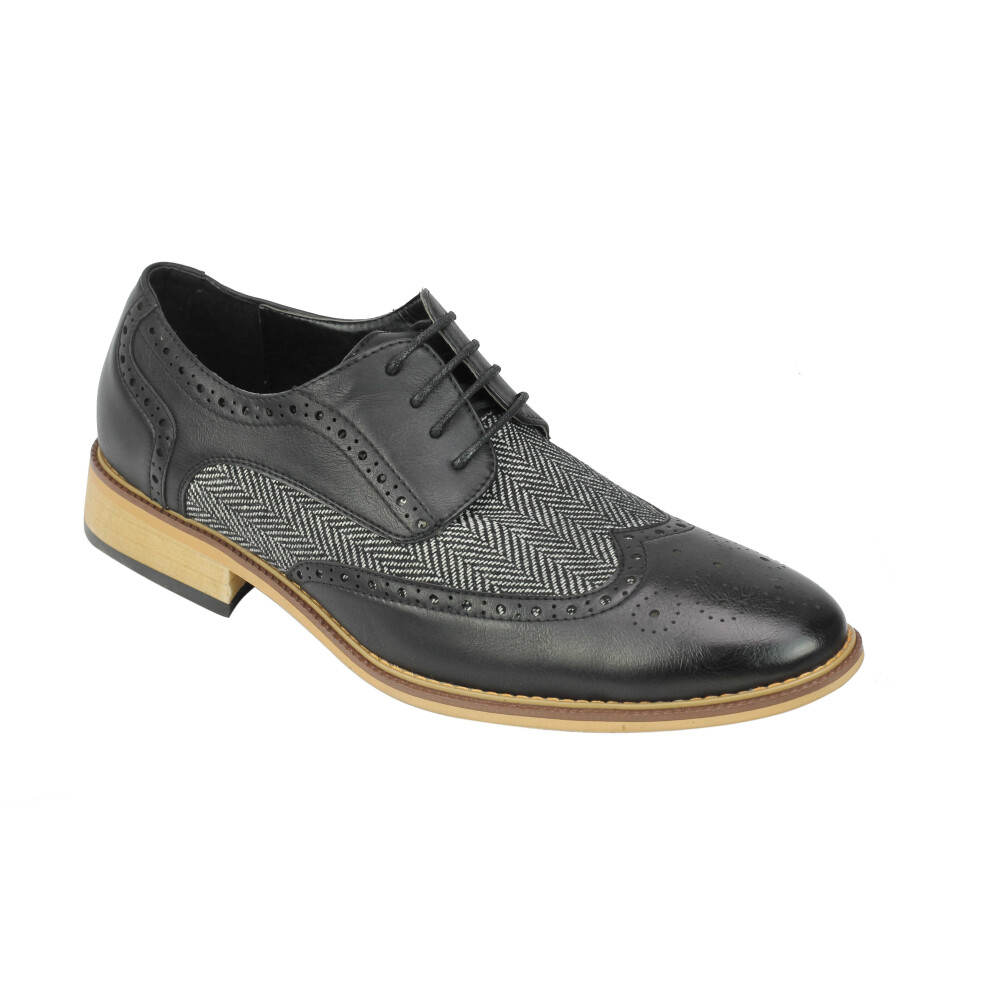 (43, Black-Grey) Mens Classic Gatsby Style Tweed Herringbone Formal Brogue Shoes Oxford Lace Ups