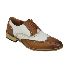 (43, Tan-White) Mens Classic 2 Tone Brogue Shoes Smart Formal Office Work Lace Up Oxford