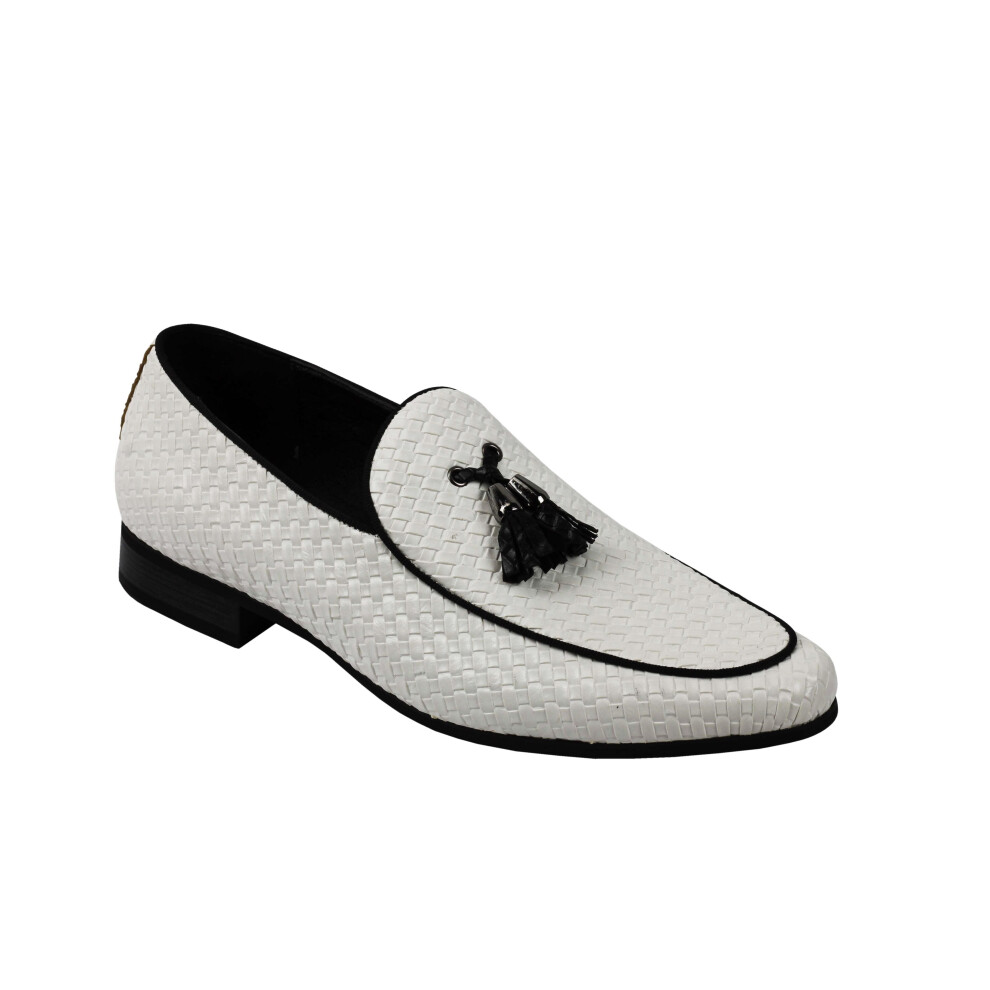 (43, White) Mens Vintage Woven Leather Lined Tassel Moccasin Loafers Retro Smart Casual Shoes