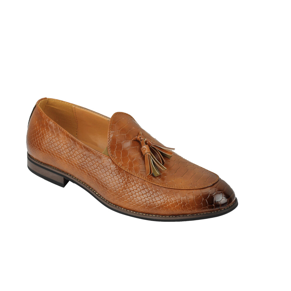 (46, Brown) Mens Vintage Snakeskin Print Shiny Leather Tassel Loafers Smart Casual MOD Shoes