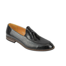 (44, Black) Mens Vintage Snakeskin Print Shiny Leather Tassel Loafers Smart Casual MOD Shoes