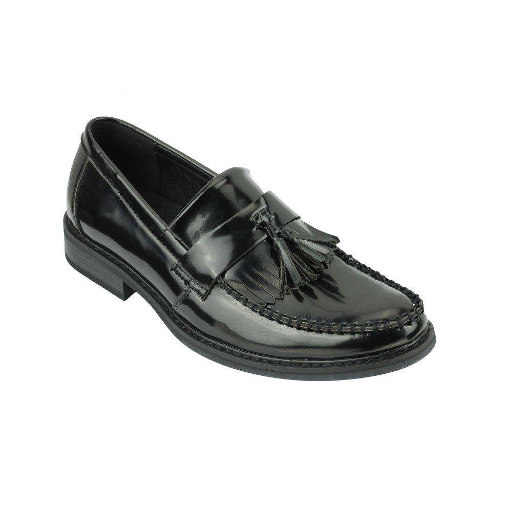 (43, Black) Mens Vintage Polished Leather Tassel Loafers Retro MOD Shoes in Oxblood, Black
