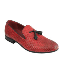 (41, Red) Mens Classic Woven Leather Lined Tassel Loafers Retro Smart Casual Slip on Shoes