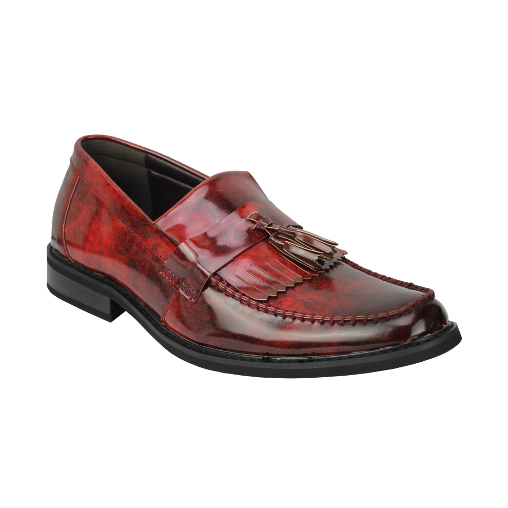 (42, Red) Mens Vintage Polished Leather Tassel Loafers Retro MOD Shoes in Oxblood, Black