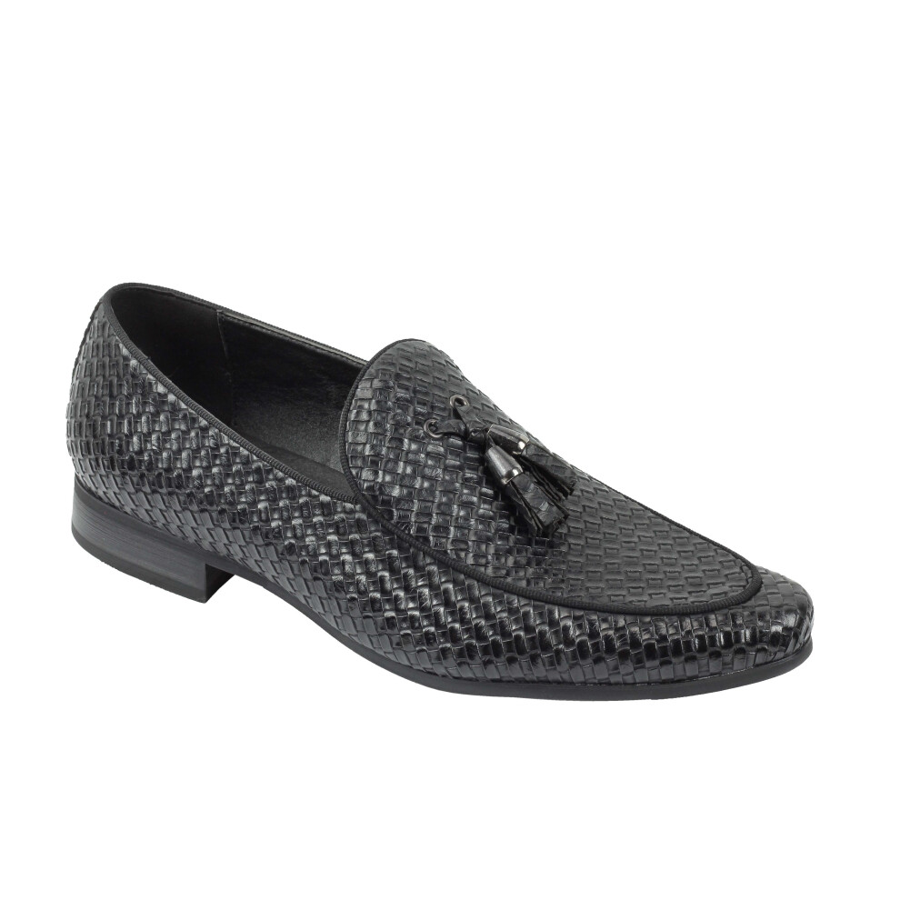 (44, Black) Mens Vintage Woven Leather Lined Tassel Moccasin Loafers Retro Smart Casual Shoes