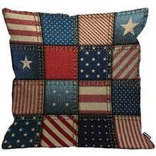 HGOD DESIGNS American Flag Cushion Cover,Patchwork of American Flag Square Denim Stars Blue and Red Throw Pillow Case Home Decorative for Li