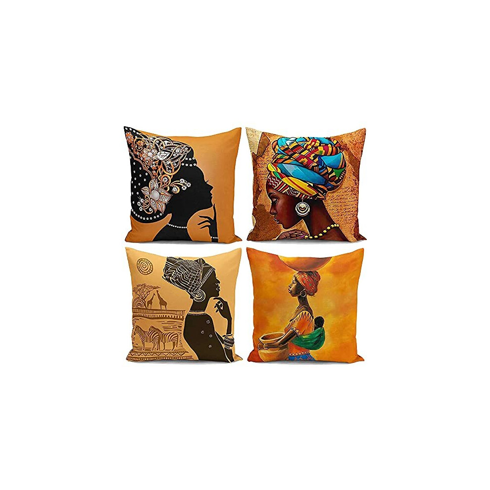 African Cushion Covers African Print Decor Ornament Throw Pillow Covers Set of 4 African Tribal Women Ethnic Art African Fabric Linen Decora
