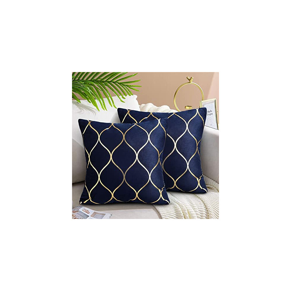 Hanrunsi Navy Blue Cushions Cover Dark Blue with Gold Pillow Covers 16 x 16 Velvet Square Decorative Cushions Set of 2 for Living Room Sofa