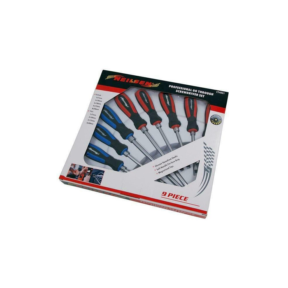 Pro Go Through Screwdriver Set 9pc Magnetic Slotted & Pozi Tips (Neilsen CT4031)-image-OPC-P9NBWQV-NEW