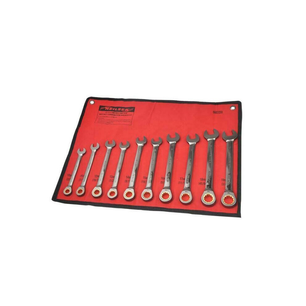 Metric Sae Size Ratchet Combination Wrench Spanner Set 10pc (Neilsen CT4045)