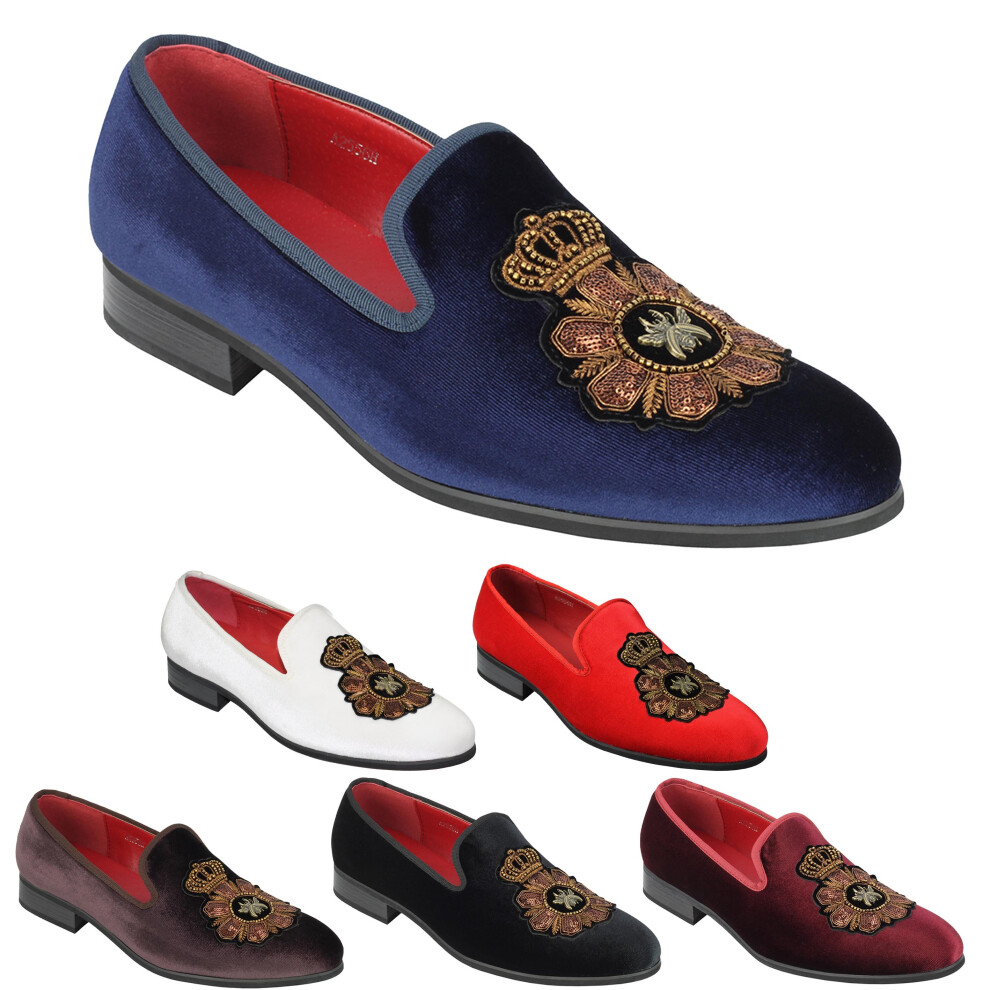 (43, Coffee) Mens Velvet Loafers Bee & Crown Embroidered Vintage Dress Shoes Slip on Slippers