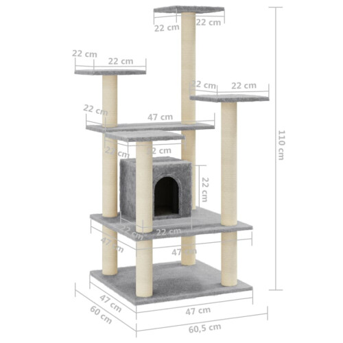 VidaXL (light grey) vidaXL Cat Tree with Sisal Scratching Posts 110cm Cat Play Tower Multi Colours 1